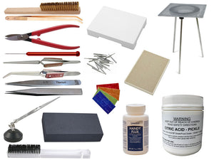 Collection of soldering tools and materials on a white background | jewellery making Kit