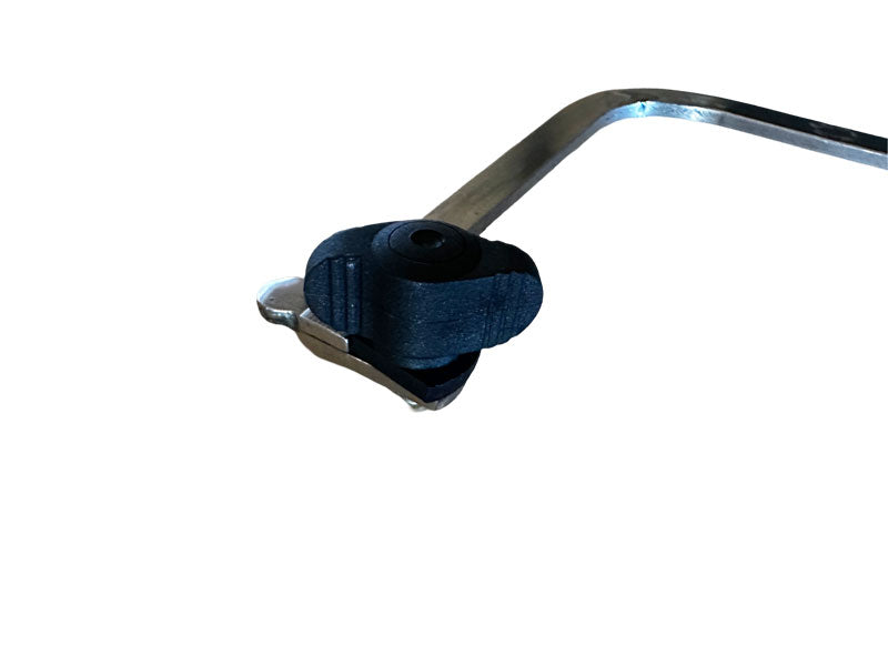 Adjustable saw frame with thumb screw tension lock, shown from a side angle