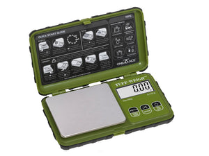 A digital green Tuff Weigh scale by On Balance, model TF-200GN, with a stainless steel tray, displayed in an open position showing its LCD screen and weighing platform. | Digital Scale