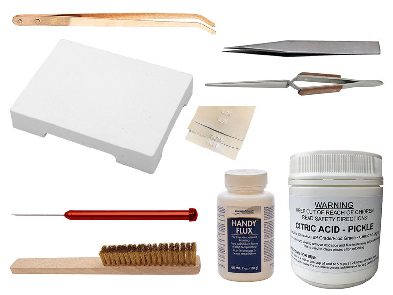 Collection of jewellery-soldering tools and chemicals on a white background | Australian Jewellery Supplies