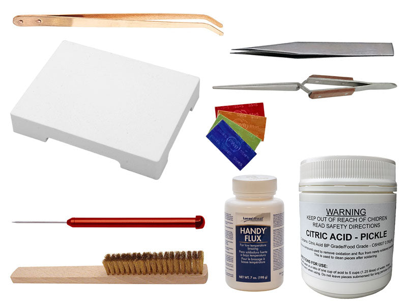 Collection of jewellery-soldering tools and chemicals on a white background | Australian Jewellery Supplies