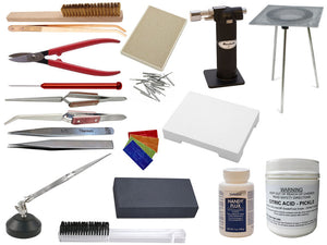 Collection of Soldering tools and PIckle on a white background | Jewelry making Supplies