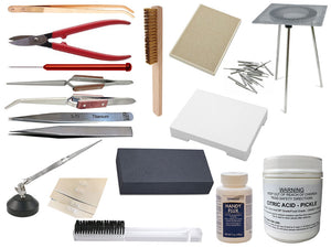 Collection of soldering tools and materials on a white background | jewellery making Kit
