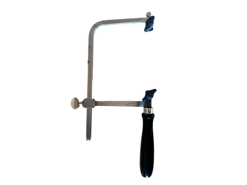 German jewellers saw frame with hardwood handle and forged steel, shown on black background