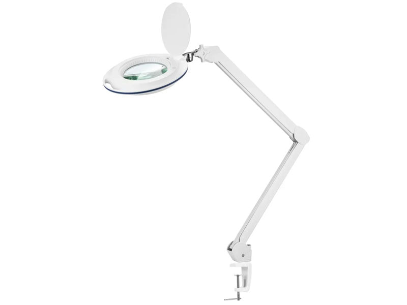 White magnifying lamp with adjustable arm on a white background | glass magnifying glass with light
